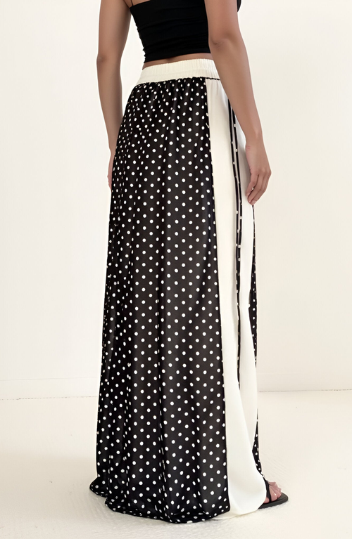 Modenaire Polka Dot Overlay Contrast Panel Side-tie Maxi Skirt In Black