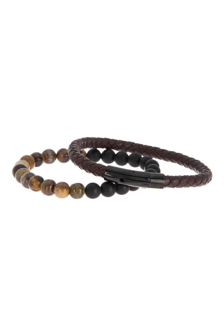 Men's Set of 2 Leather & Beaded Bracelets, Alternate, color, MULTI