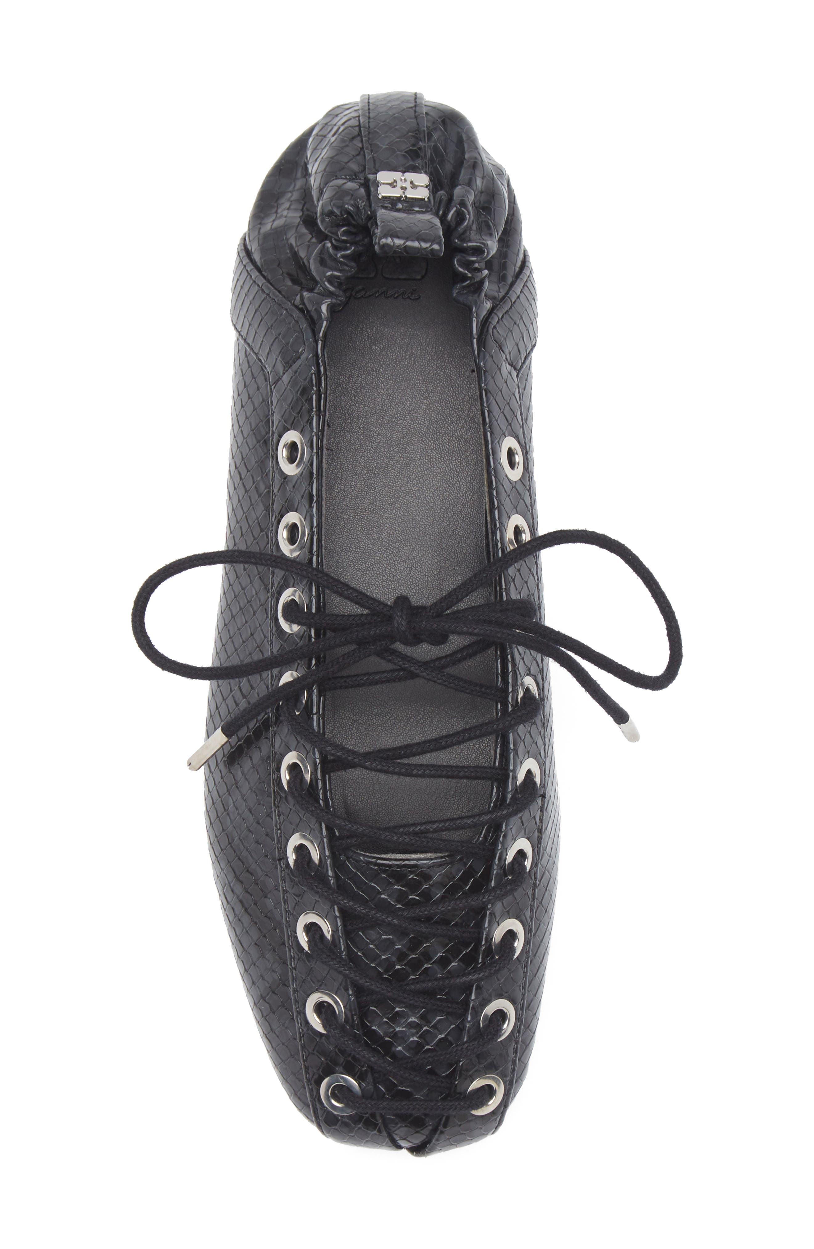 Ganni Ghillie Snakeskin Embossed Ballerina Flat, Alternate, color, Black Oyster