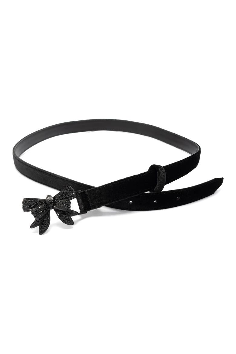 Crystal Embellished Bow Velvet Belt, Alternate, color, BLACK/ ANT BRASS