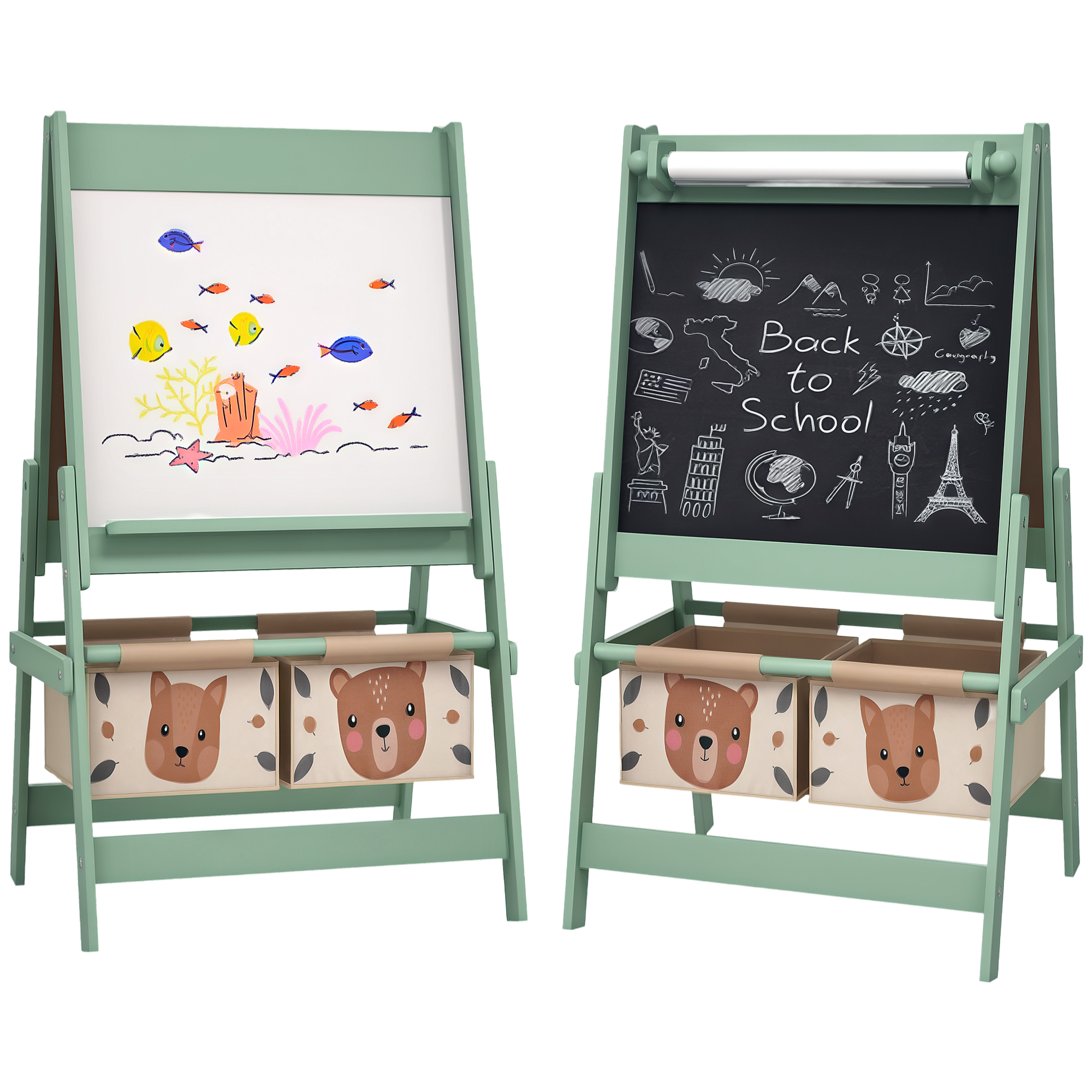 Qaba Kids 3-in-1 Art Easel with Paper Roll, Blackboard, Whiteboard, Storage Baskets​ in Green 