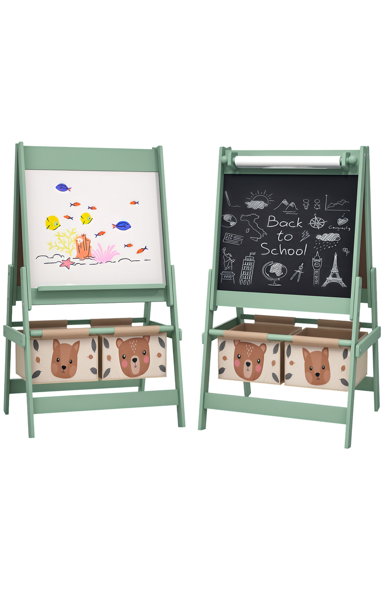 Qaba Kids 3-in-1 Art Easel with Paper Roll, Blackboard, Whiteboard, Storage Baskets​, Main, color, Green