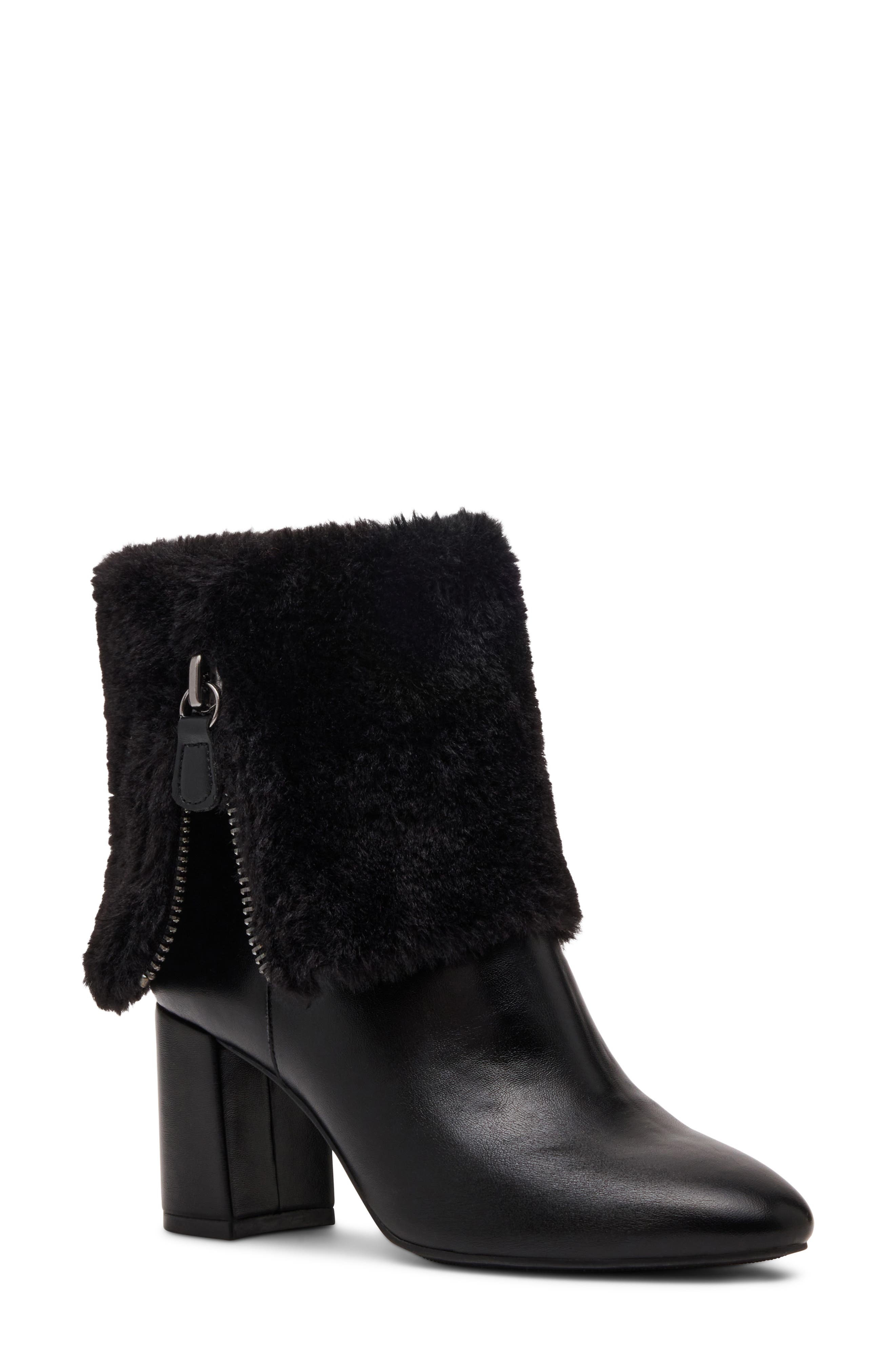 Akarli-F Faux Leather Bootie with Faux Fur Trim, Main, color, BLACK PU / BLK NAPPA - SBNA