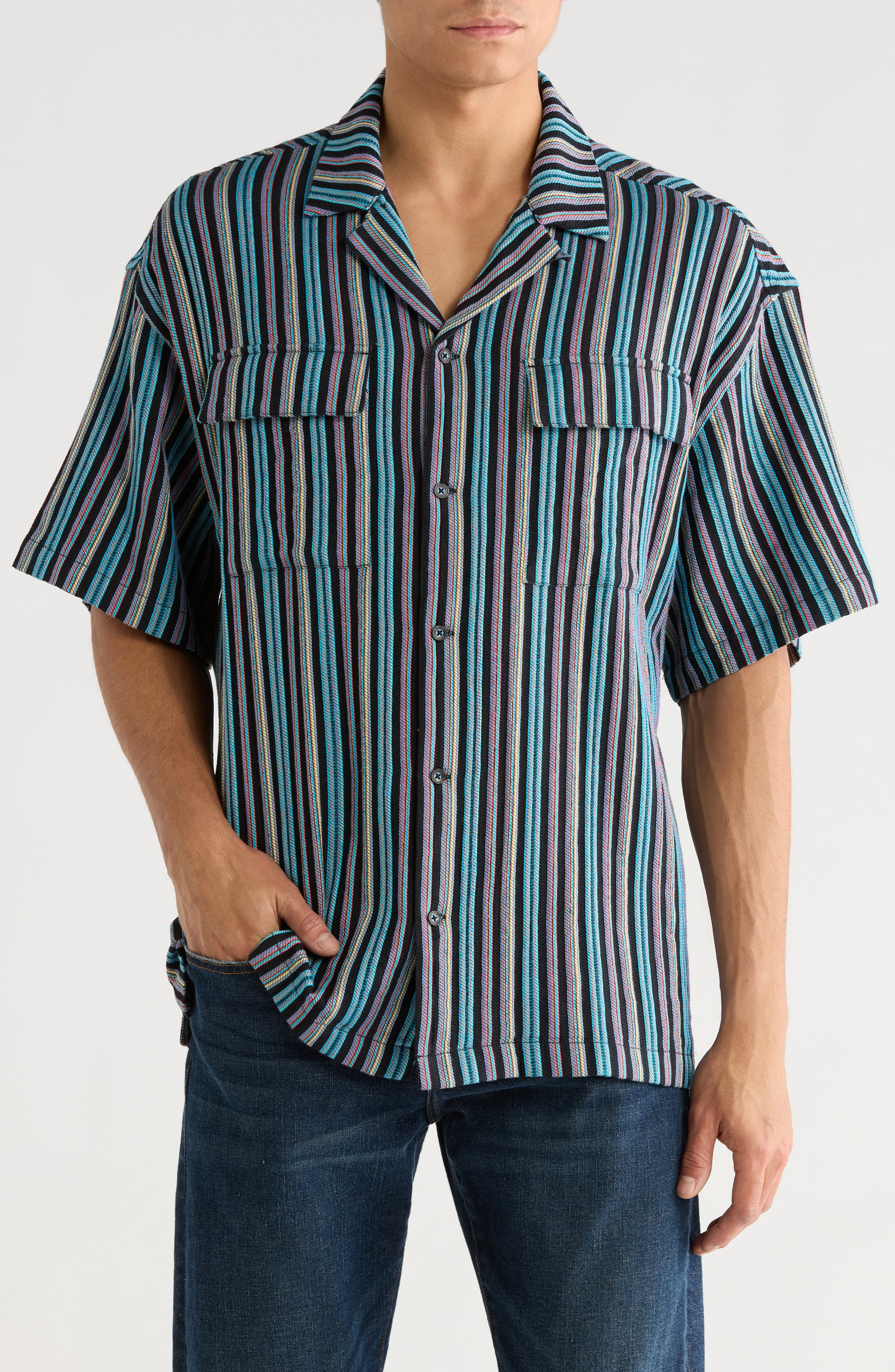 Scotch & Soda Relaxed Fit Stripe Short Sleeve Button-Up Shirt