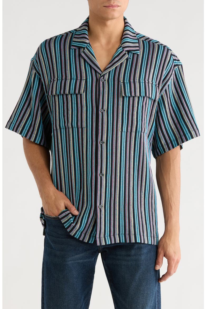 Relaxed Fit Stripe Short Sleeve Button-Up Shirt, Main, color, BLACK
