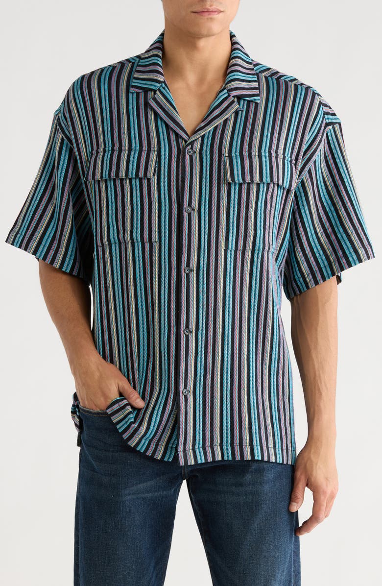 Scotch & Soda Relaxed Fit Stripe Short Sleeve Button-Up Shirt, Main, color, Black