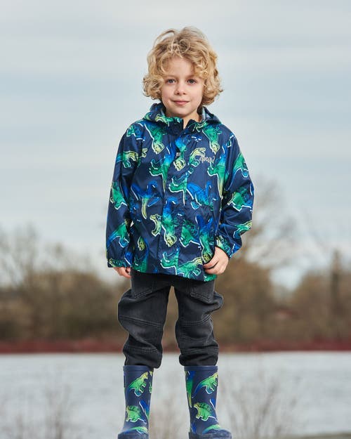 DEUX PAR DEUX DEUX PAR DEUX BOY'S PRINTED PACKABLE WINDBREAKER BLUE AND GREEN DINO ON NAVY