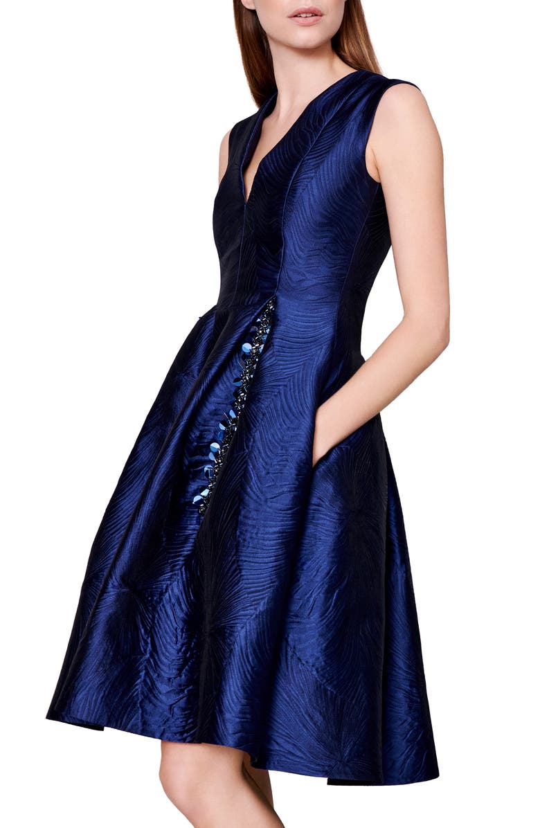 Talbot Runhof Licuala Grandis Sequin Detail Jacquard Fit & Flare Dress, Alternate, color, 