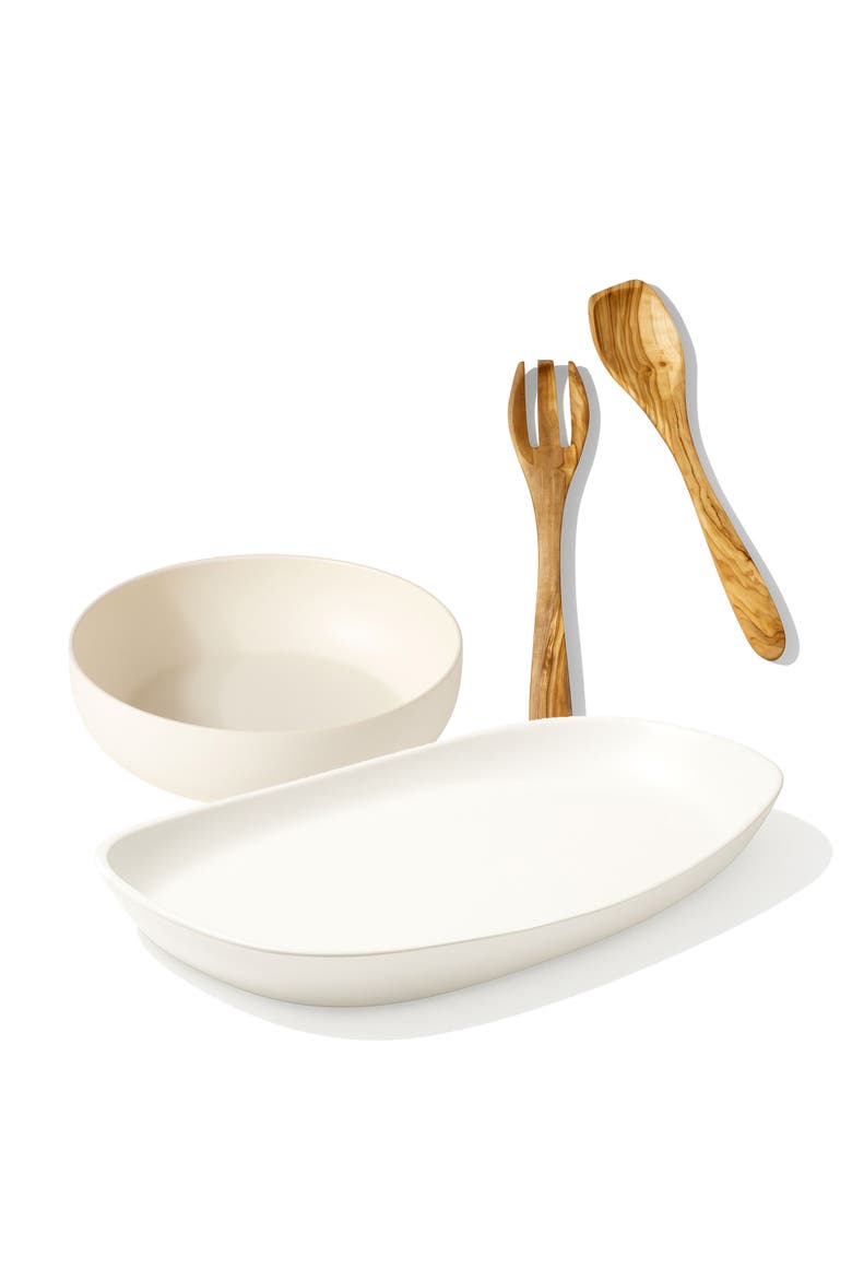 Serving Platter, Bowl & Olive Wood Servers, Set of 4, Main, color, Matte White