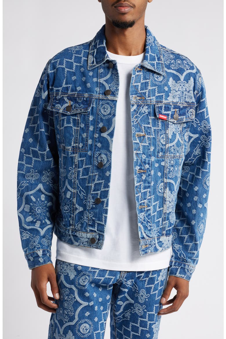 Blue Dreams Floral Jacquard Denim Trucker Jacket, Main, color, DODGER