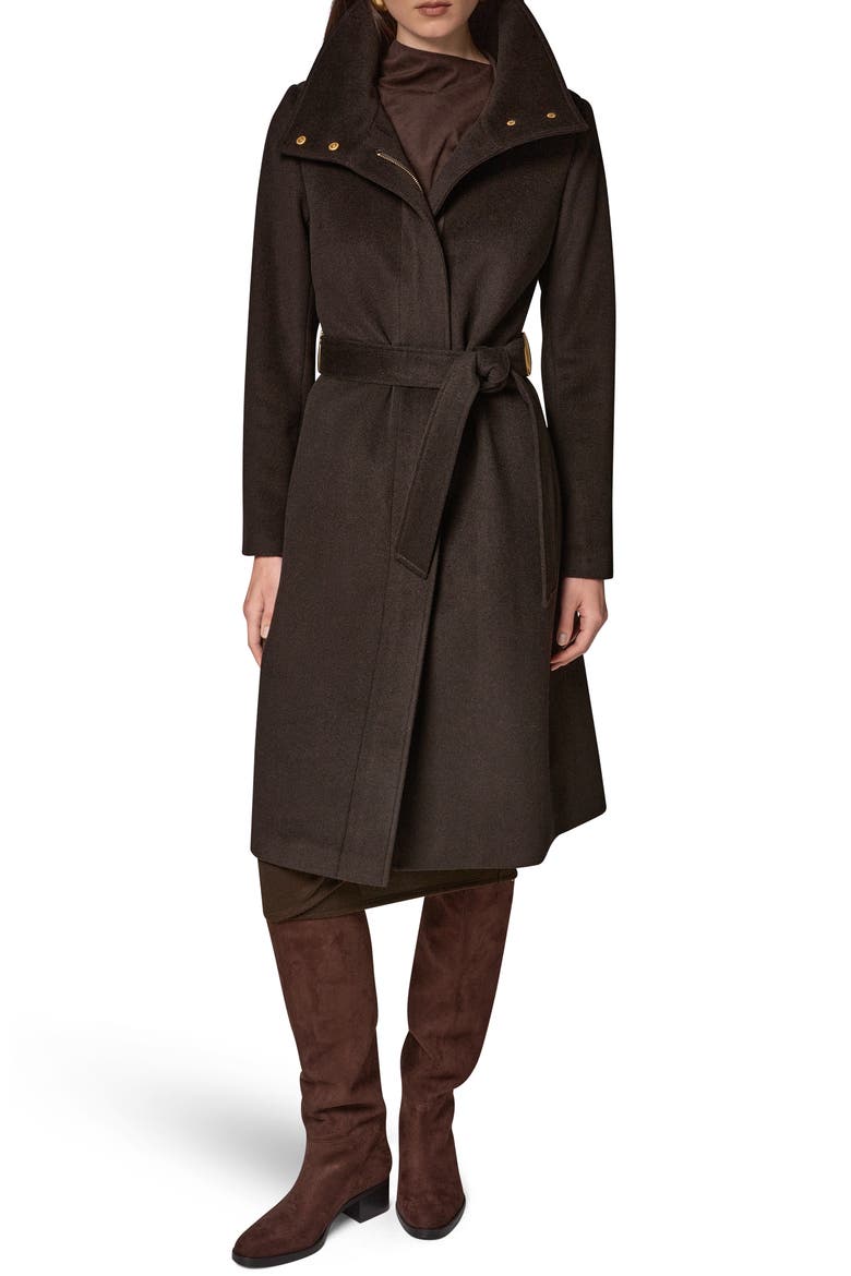 Belted Funnel Neck Wool Blend Coat, Main, color, CHOCOLATE