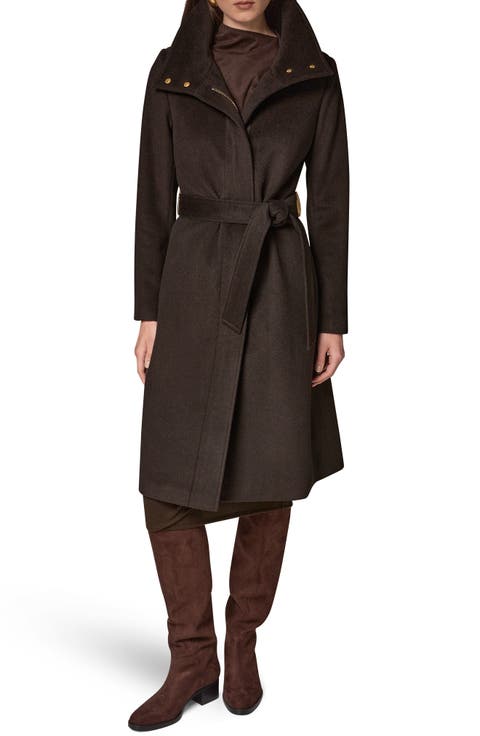 Belted Funnel Neck Wool Blend Coat