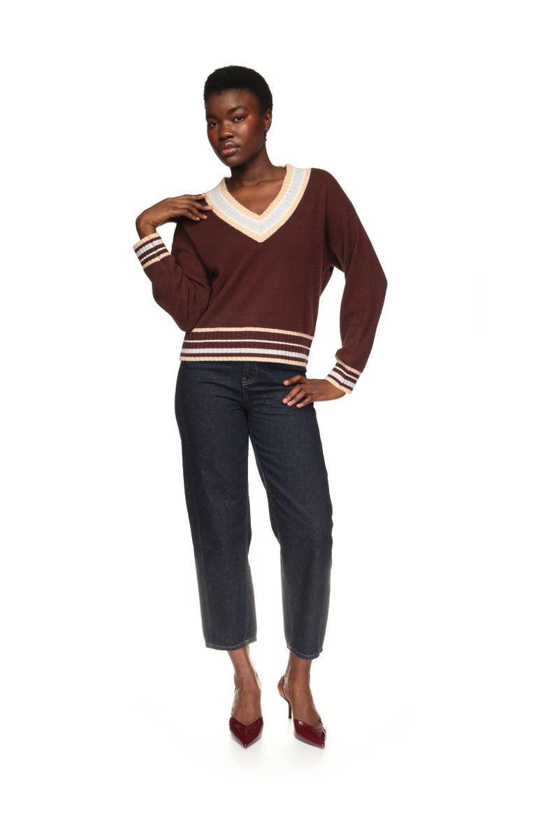 Stitchy Trim V-Neck Sweater, Alternate, color, Cocoa