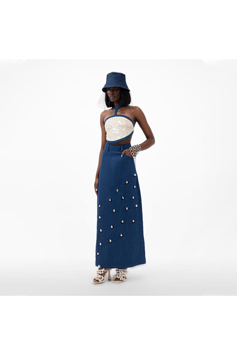 Cowrie Shell Embellished Denim Maxi Skirt, Alternate, color, Blue