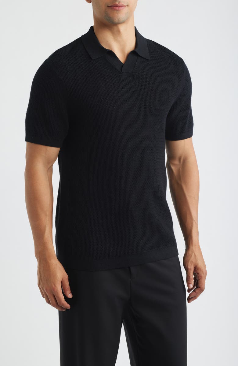 Reigning Champ Victor Johnny Collar Cotton & Linen Mesh Stitch Polo Sweater, Main, color, Black