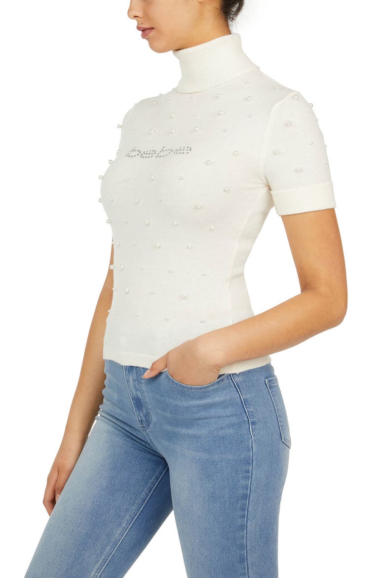 Beaded Turtleneck Short Sleeve Sweater, Alternate, color, MARSHMALLOW