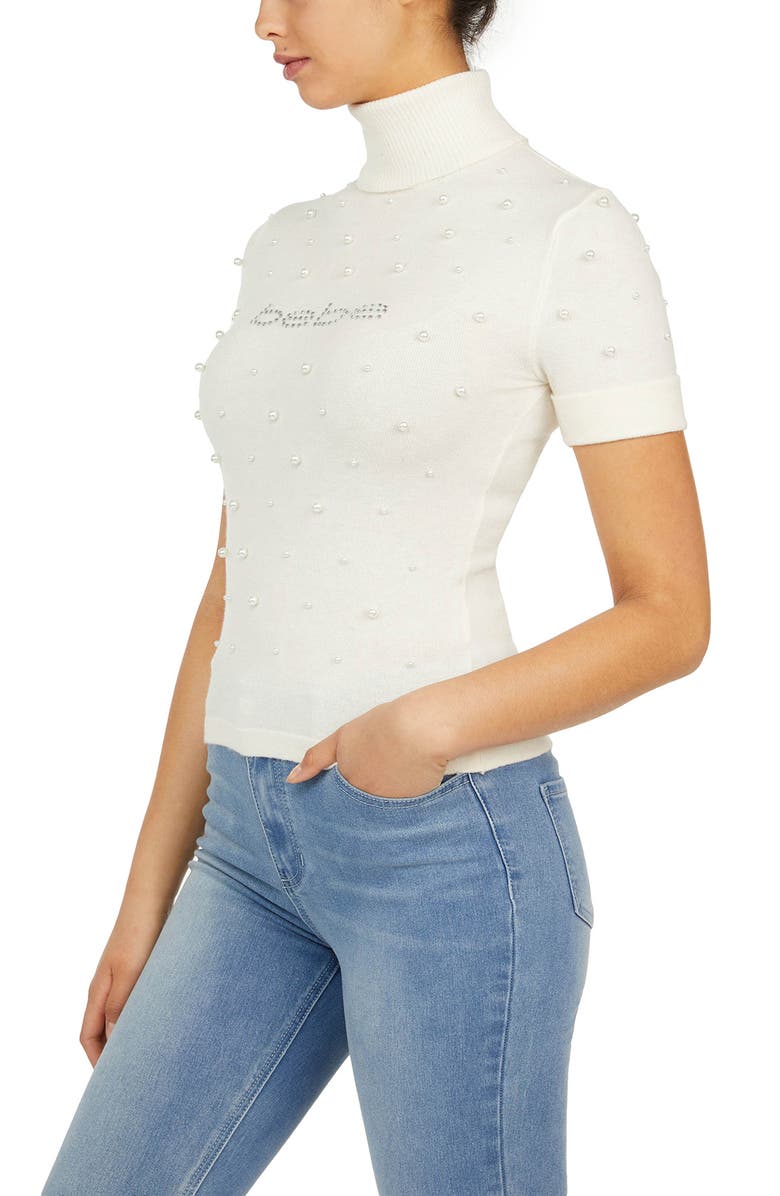 bebe Beaded Turtleneck Short Sleeve Sweater, Alternate, color, 