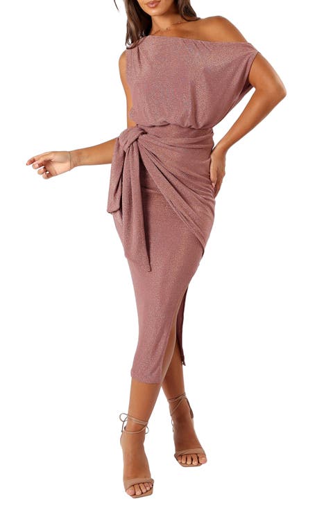 Santiago Metallic Side Tie One-Shoulder Midi Dress