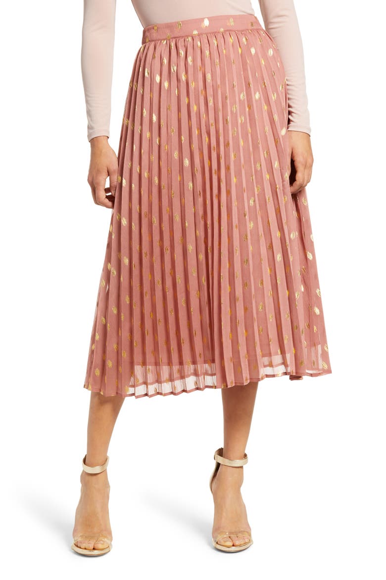 Polka Dot Pleated Skirt, Main, color, MAUVE