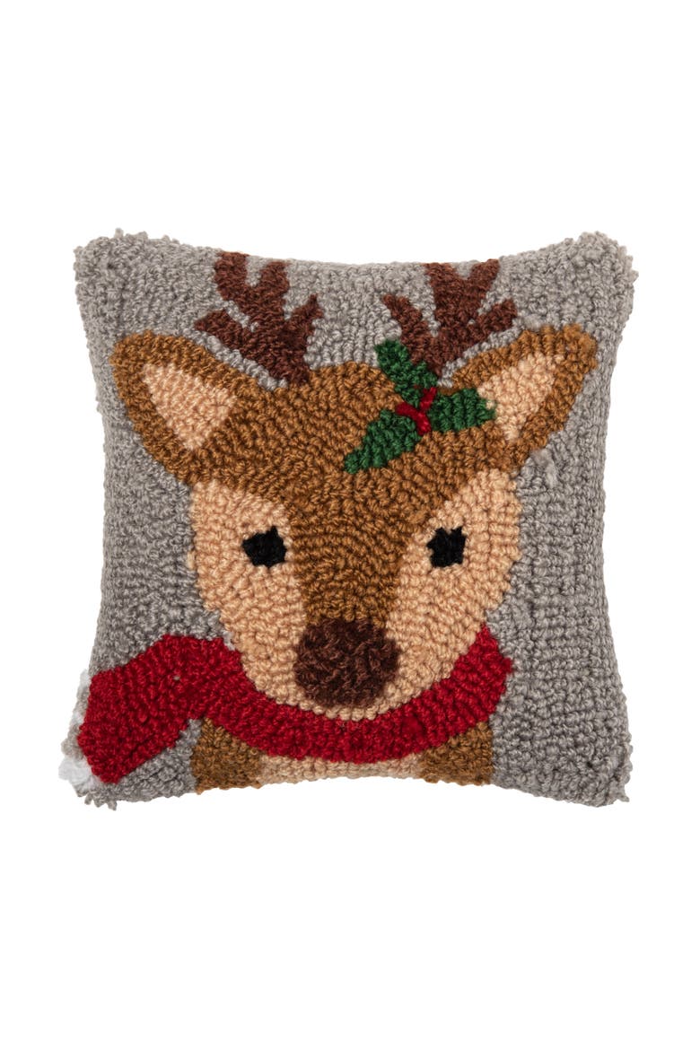 Woodland Reindeer Red Scarf Christmas Hooked Mini Accent Pillow 8" x 8", Main, color, Grey