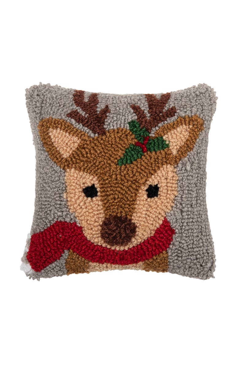 C&F Home Woodland Reindeer Christmas Hooked Pillow, 8" x 8", Main, color, Grey