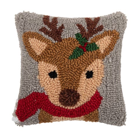 Woodland Reindeer Red Scarf Christmas Hooked Mini Accent Pillow 8" x 8"