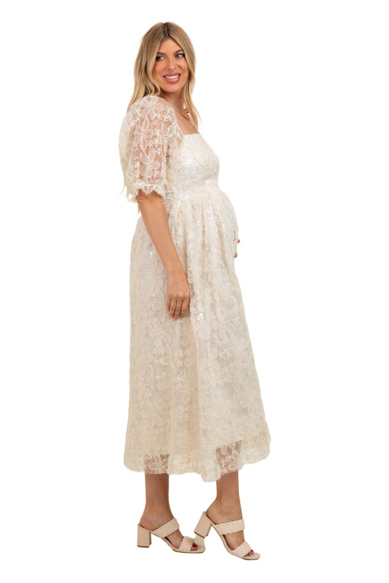 Floral Mesh Overlay Tie Back Midi Dress, Alternate, color, Cream