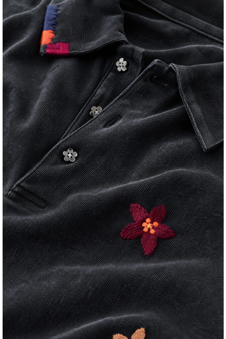 Relaxed Fit Floral Embroidered Polo Shirt with Washed Finish, Alternate, color, Black