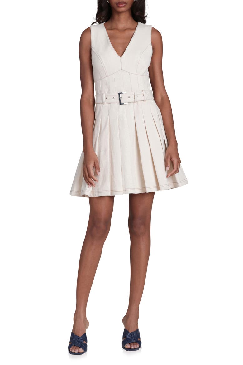 Seamed Sleeveless Pleated Stretch Cotton Minidress, Main, color, SEEDED ECRU