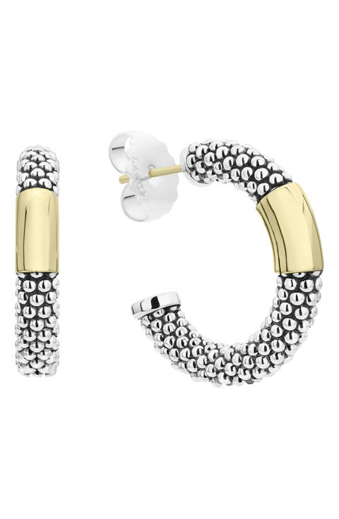 18k Gold Bar Caviar Hoop Earrings