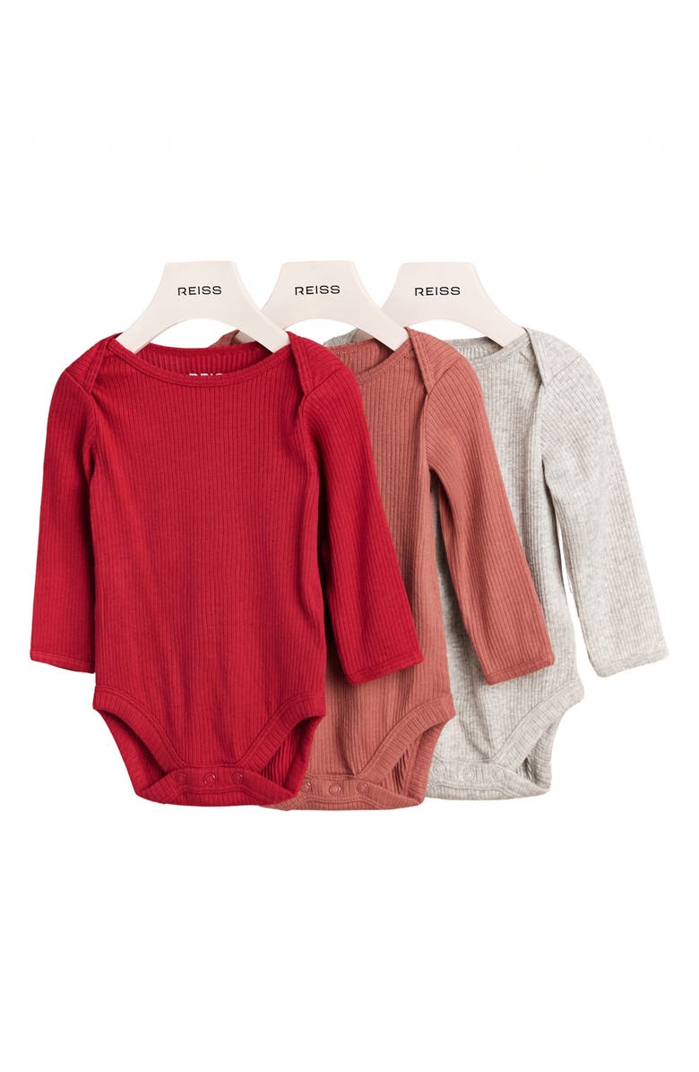Reiss Assorted 3-Pack Ribbed Long Sleeve Bodysuits, Main, color, Red Multi