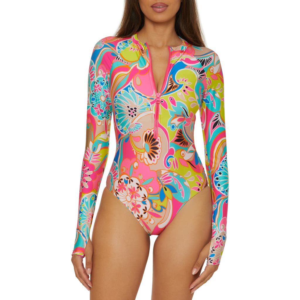 Trina Turk Long Sleeve Zip-up One-piece Rashguard Swimsuit In Pink Multi