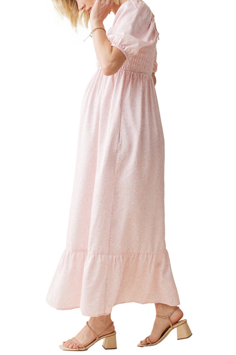 Elbow Sleeve Smocked Bodice Maxi Maternity Sundress, Alternate, color, PINK TWO TONE