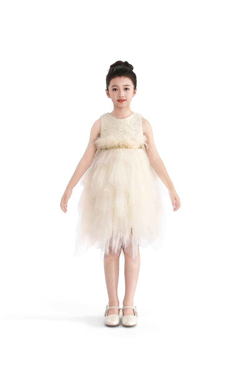 Feathered Tulle Party Dress, Alternate, color, Cream