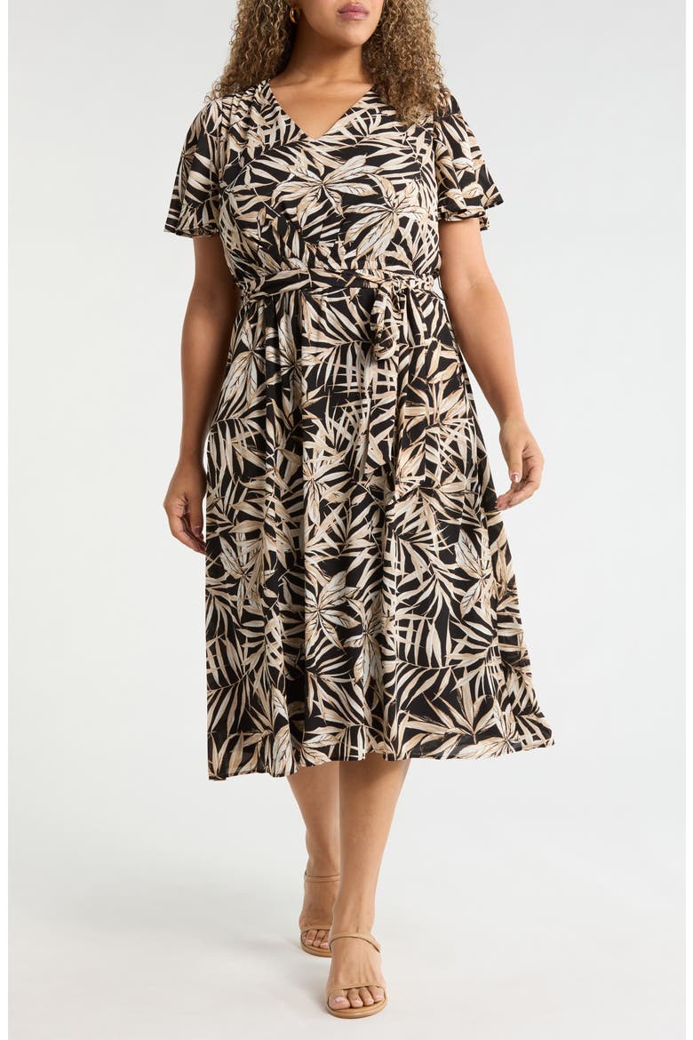 Leaf Print Flutter Sleeve Dress, Main, color, BLACK MULTI
