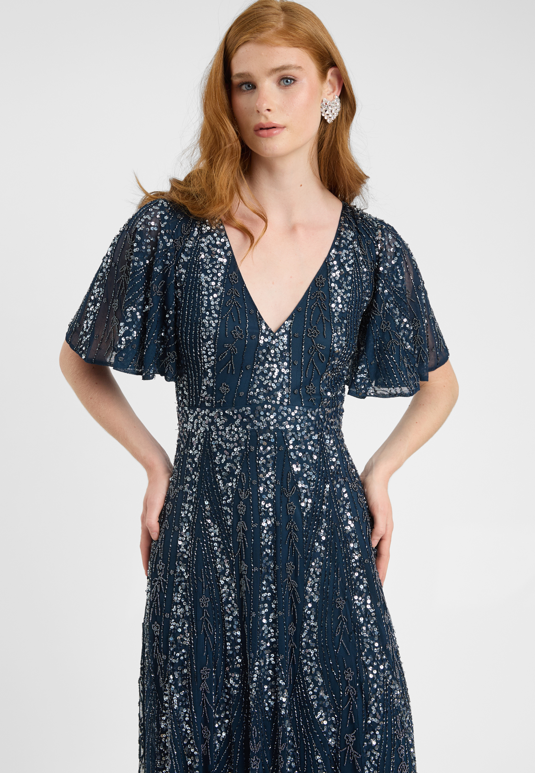 Embellished Sequin Beaded Maxi Dress With Flutter Sleeve - image 2