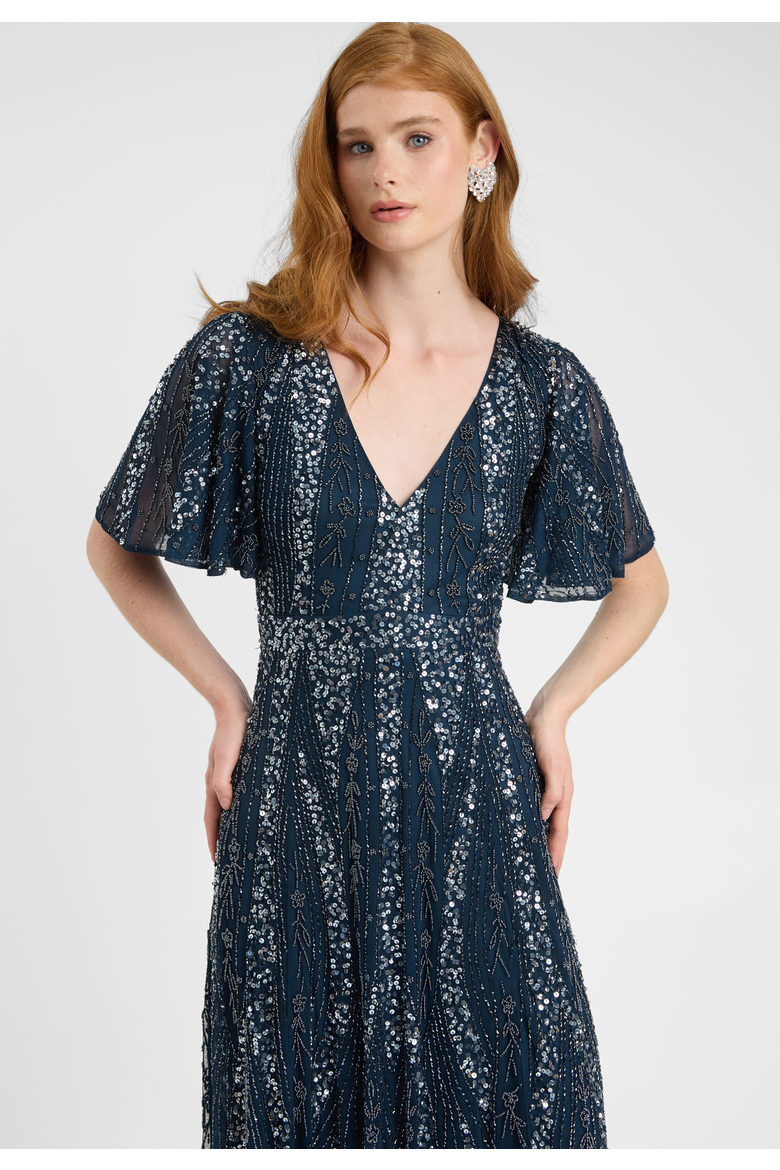 Embellished Sequin Beaded Maxi Dress With Flutter Sleeve, Alternate, color, NAVY