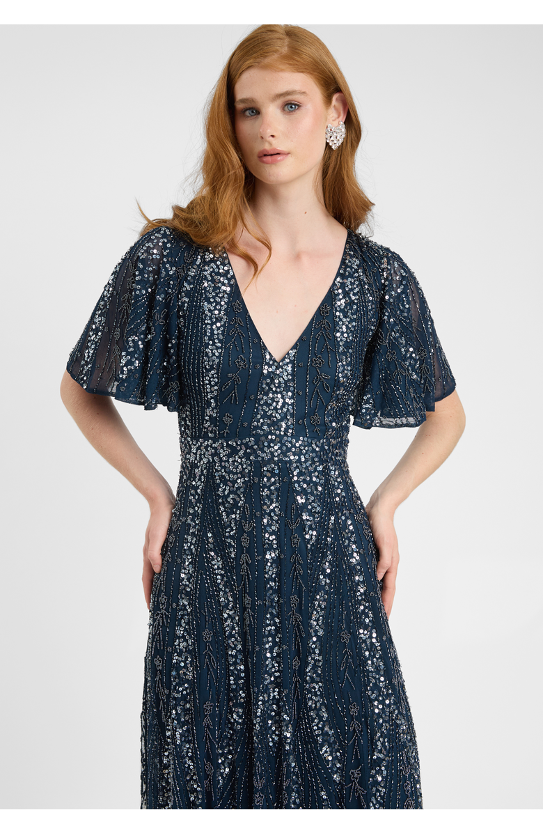 BEAUUT Embellished Sequin Beaded Maxi Dress With Flutter Sleeve, Alternate, color, Navy