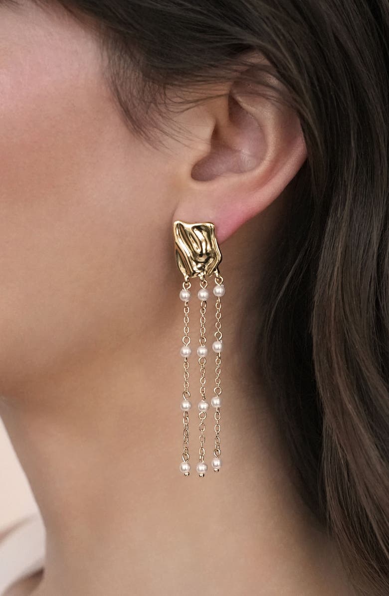 Ettika Faux Pearl Triple Chain Drop Earrings, Alternate, color, Gold