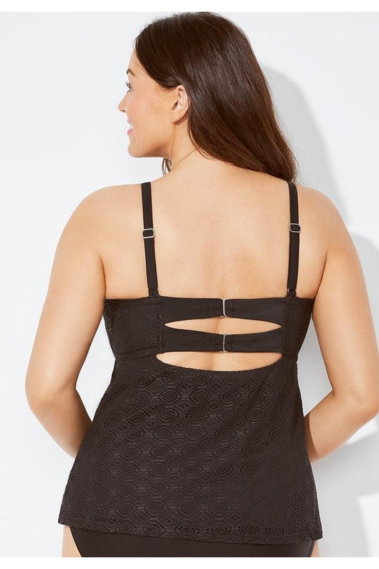 Faux Flyaway Crochet Underwire Tankini Top, Alternate, color, Black