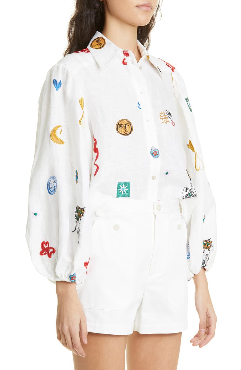ALEMAIS Soleil Embroidered Linen Button-Up Shirt, Alternate, color, 