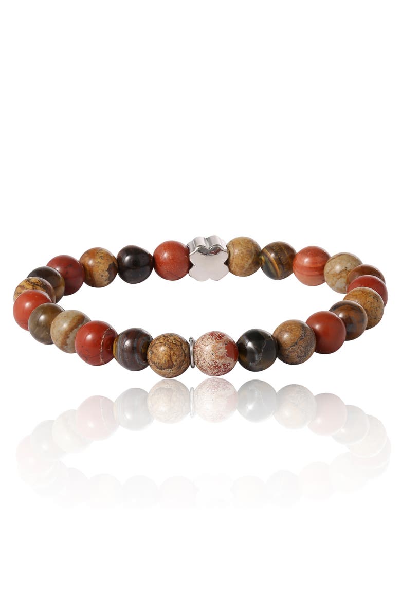Lucky Brand Jasper Stone Beaded Stretch Bracelet, Alternate, color, Red, Brown, Silver