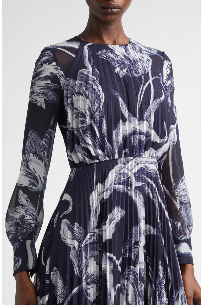 Botanical Engraving Pleated Long Sleeve Voile Gown, Alternate, color, BOTANICAL ENGRAVING MIDNIGHT