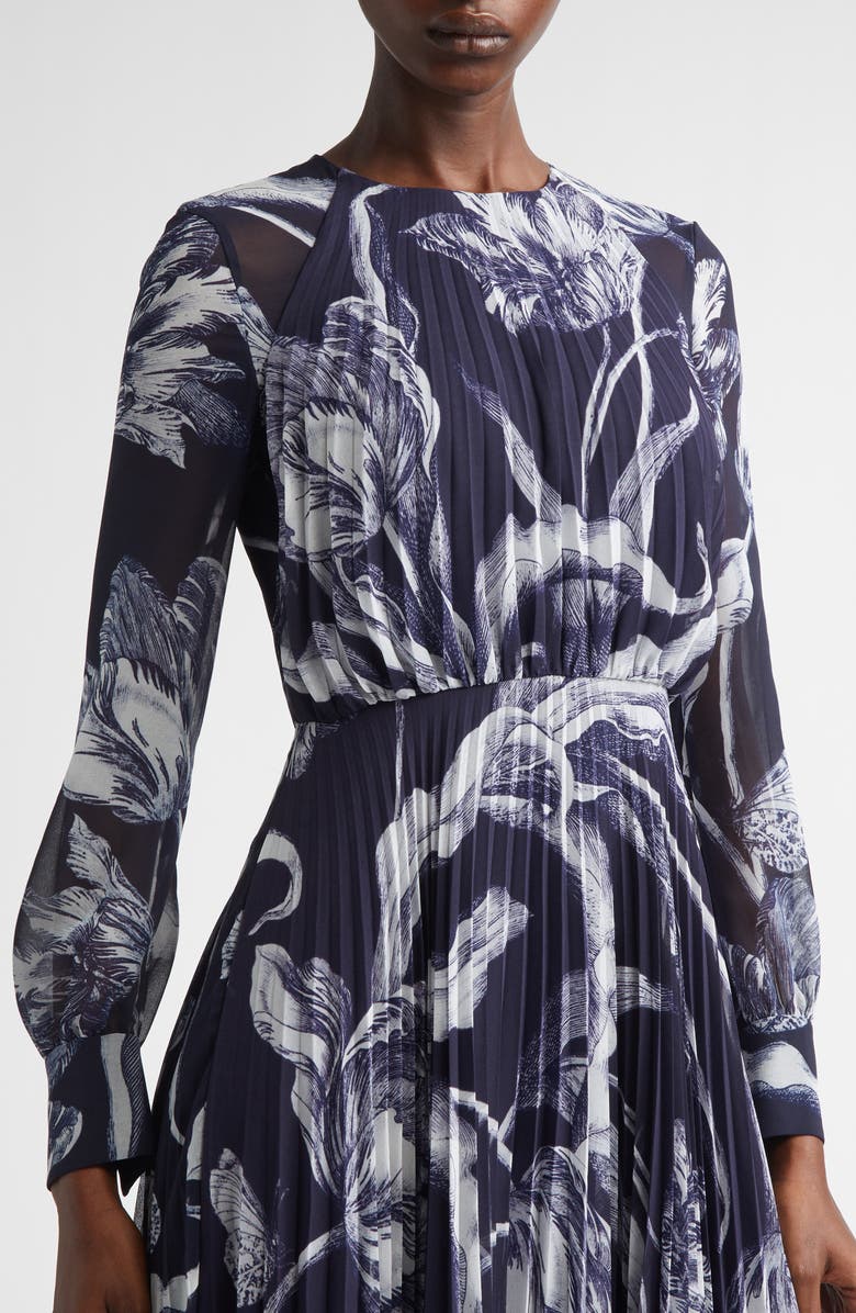 Erdem Botanical Engraving Pleated Long Sleeve Voile Gown, Alternate, color, Botanical Engraving Midnight