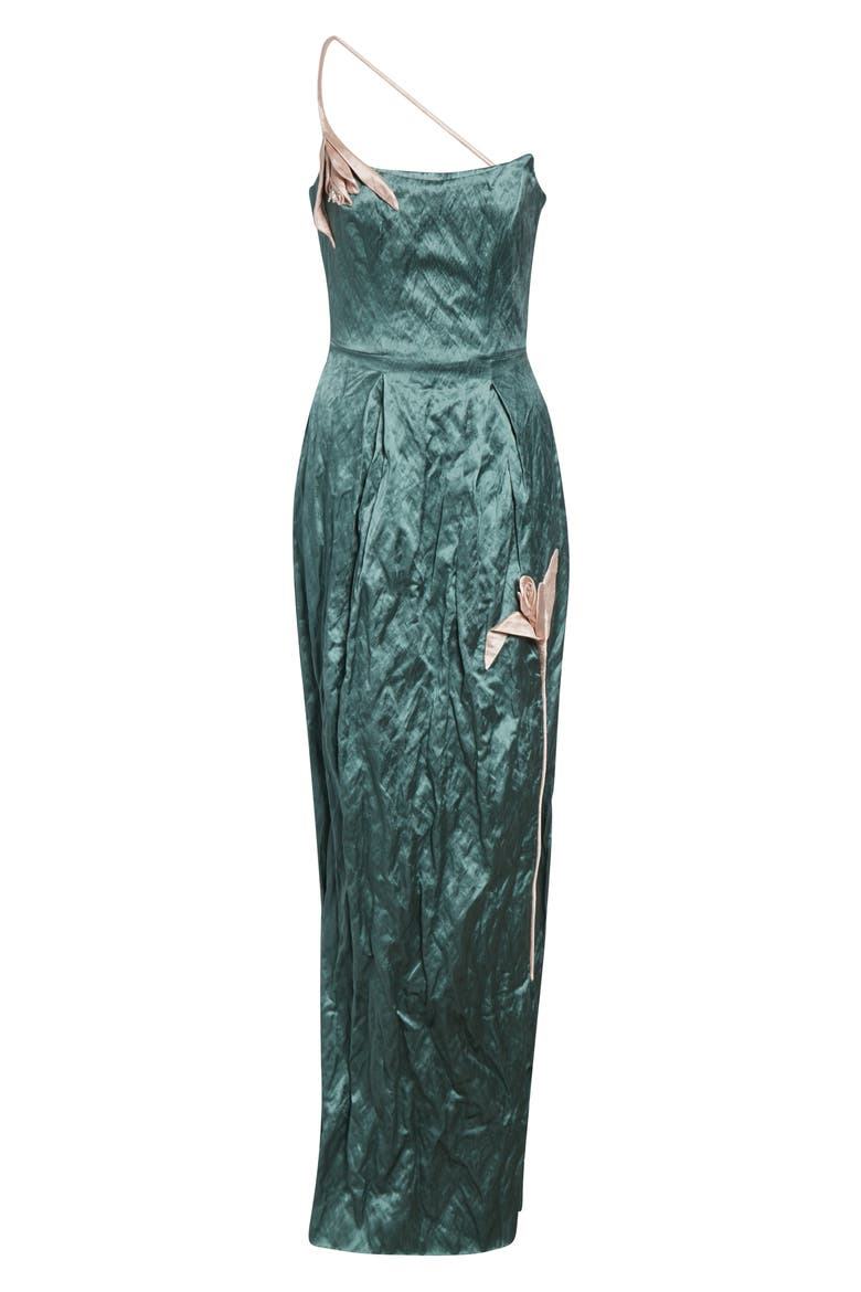 Tulip Appliqué Strapless Crinkled Metallic Satin Evening Gown, Alternate, color, EAU DE NIL