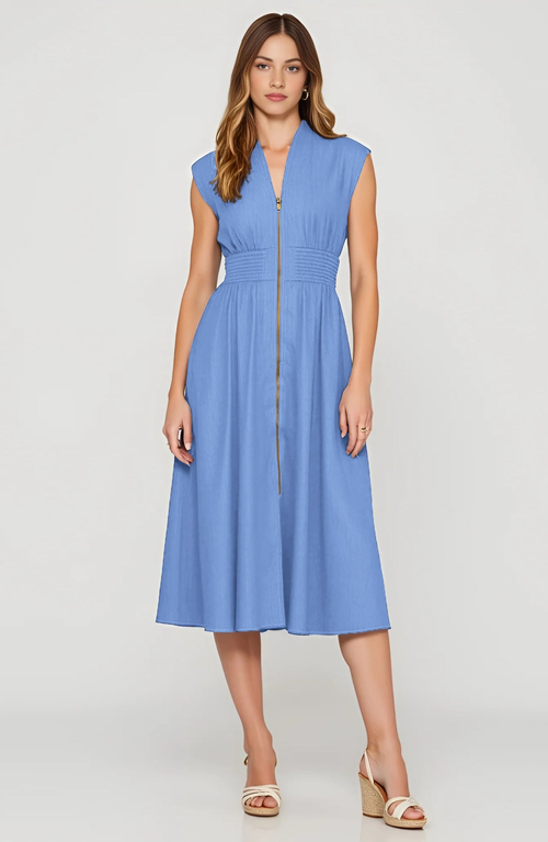 Modenaire Zip Front Midi Dress With Cap Sleeves And Smocked Waist In Blue