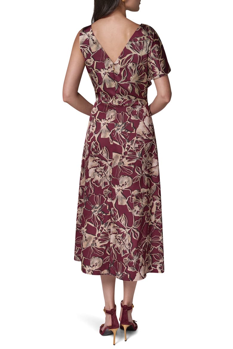 Floral Asymmetrical Sleeve Midi Dress, Alternate, color, BLACK/ CHERRY