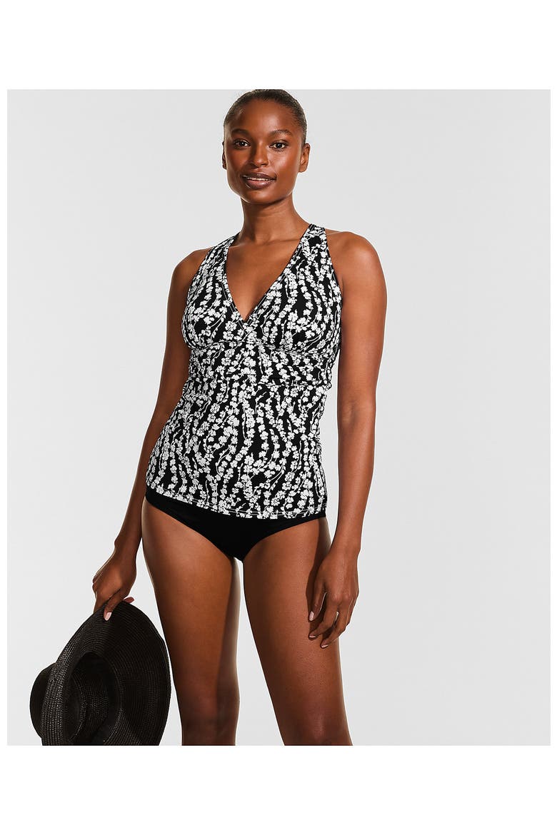 D-Cup V-Neck Plunge X Back Tankini Top, Alternate, color, Black/White Vine Floral