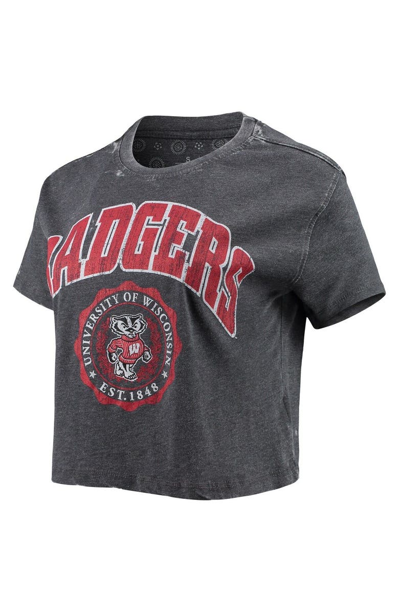 PRESSBOX Women's Pressbox Heather Black Wisconsin Badgers Edith Vintage Burnout Crop T-Shirt, Alternate, color,