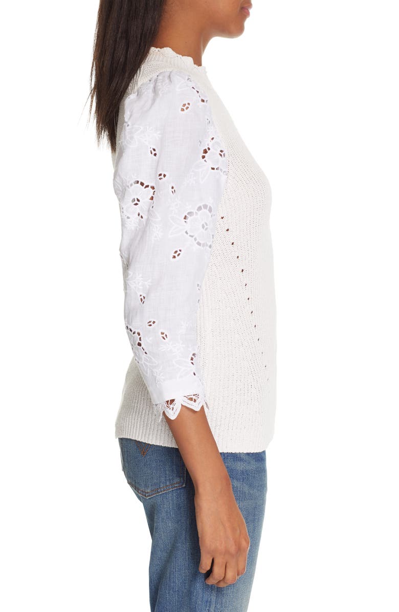 Rebecca Taylor Mix Media Eyelet Sleeve Cotton Sweater, Alternate, color, 